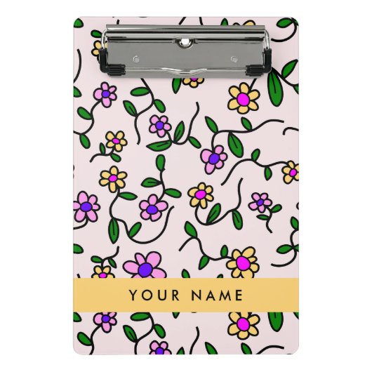 Kleurrijke bloemen, roze achtergrond, geel mini klembord (Voorkant)