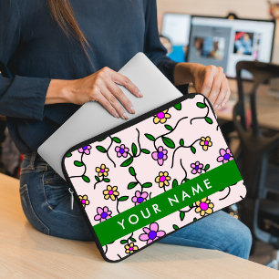 Kleurrijke Bloemen, Roze Achtergrond, Groen Laptop Sleeve