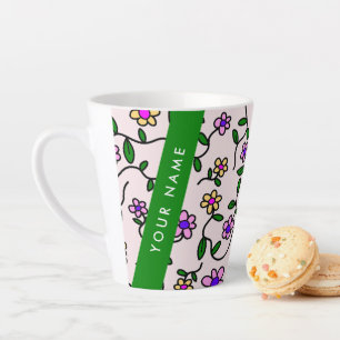 Kleurrijke Bloemen, Roze Achtergrond, Groen Latte Mok