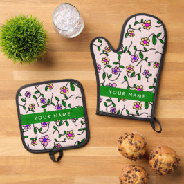 Kleurrijke bloemen, roze achtergrond, groen ovenwant & pannenlap set