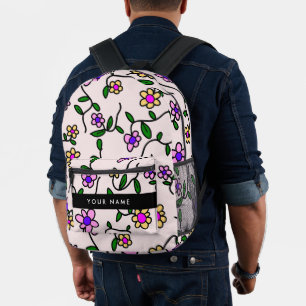 Kleurrijke Bloemen, Roze Achtergrond, Zwart Bedrukte Rugzak