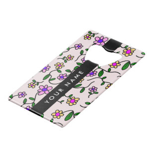Kleurrijke Bloemen, Roze Achtergrond, Zwart Creditkaart Flessenopener