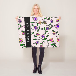 Kleurrijke bloemen, roze achtergrond, zwart fleece deken