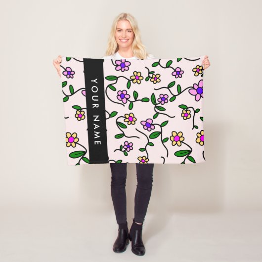 Kleurrijke bloemen, roze achtergrond, zwart fleece deken (In situ)