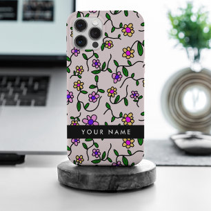Kleurrijke bloemen, roze achtergrond, zwart iPhone 15 pro max case