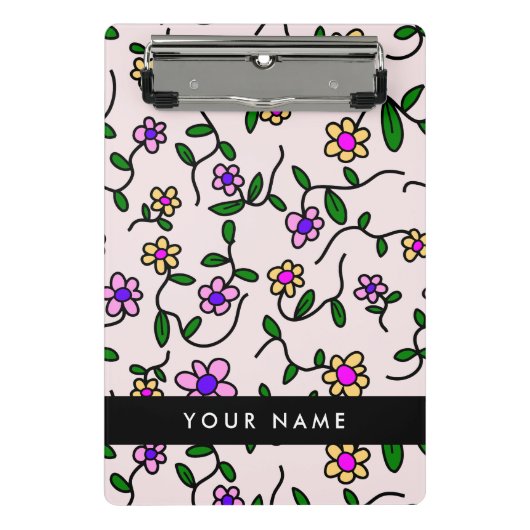 Kleurrijke bloemen, roze achtergrond, zwart mini klembord (Voorkant)