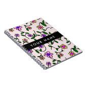 Kleurrijke bloemen, roze achtergrond, zwart notitieboek (Rechterzijde)