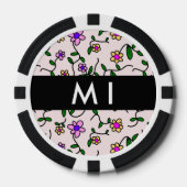 Kleurrijke bloemen, roze achtergrond, zwart poker chips (Voorkant)