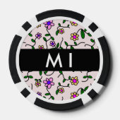 Kleurrijke bloemen, roze achtergrond, zwart poker chips (Achterkant)