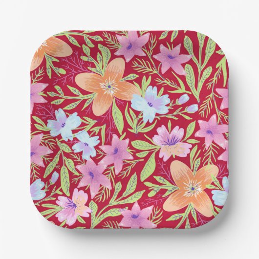 Kleurrijke bloemen, roze, koraal en wit papieren bordje (Voorkant)