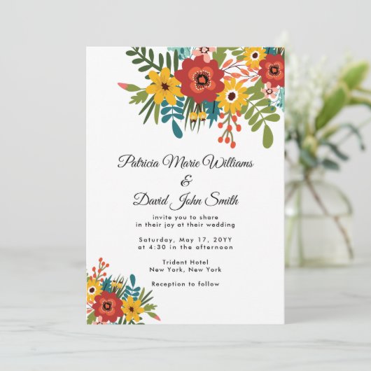 Kleurrijke Bloemen Rustiek Huwelijk Kaart (Staand voorkant)