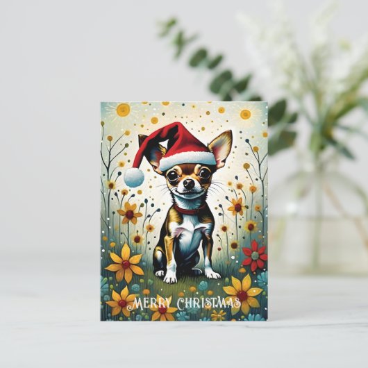 Kleurrijke Bloemen Schattige Chihuahua Santa Chris Briefkaart (Staand voorkant)