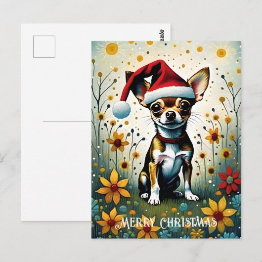Kleurrijke Bloemen Schattige Chihuahua Santa Chris Briefkaart (Voorkant / Achterkant)