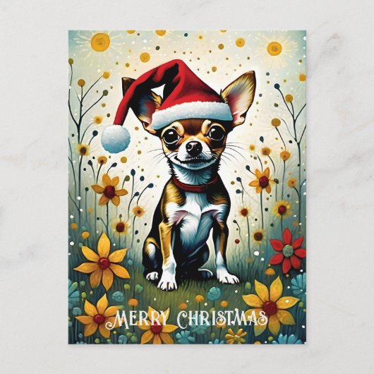 Kleurrijke Bloemen Schattige Chihuahua Santa Chris Briefkaart (Voorkant)