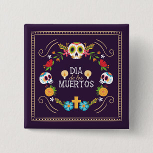 Kleurrijke bloemen schedels Dia de Muertos Butto Vierkante Button 5,1 Cm