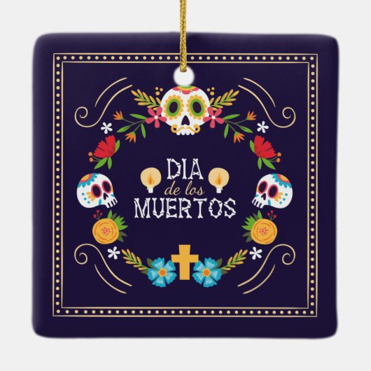 Kleurrijke bloemen schedels Dia de Muertos | Keram Keramisch Ornament (Achterkant)