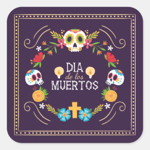 Kleurrijke bloemen schedels Dia de Muertos   Stick Vierkante Sticker