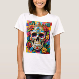 Kleurrijke Bloemen Suiker Schedel Art T-shirt Desi