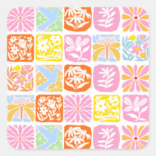 Kleurrijke Bloemen Tegel Botanische Folk Whimsical Vierkante Sticker