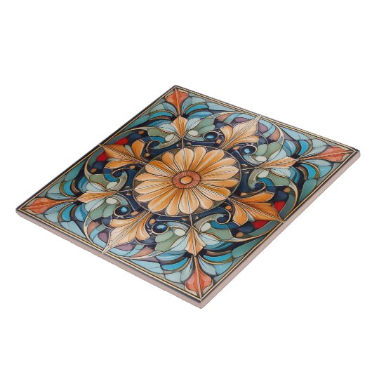 Kleurrijke Bloemen Tegel Pat#8 Blauwe Abrikoos ID1 Tegeltje (Zijkant)