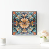 Kleurrijke Bloemen Tegel Pat#8 Blauwe Abrikoos ID1 Vierkante Klok (Huis)