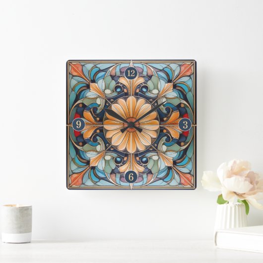 Kleurrijke Bloemen Tegel Pat#8 Blauwe Abrikoos ID1 Vierkante Klok (Huis)
