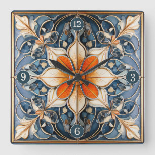 Kleurrijke Bloemen Tegel Patroon#9 Blauw Ivoor ID1 Vierkante Klok