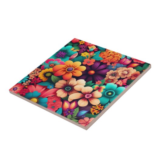 Kleurrijke  bloemen tegeltje (Zijkant)