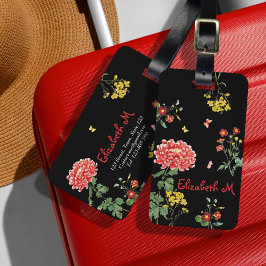  Kleurrijke Bloemen Tuin Hand-Draw op Zwart Bagagelabel