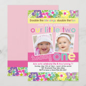 Kleurrijke Bloemen Tweeling Meisjes Eerste Verjaar Kaart (Voorkant / Achterkant)