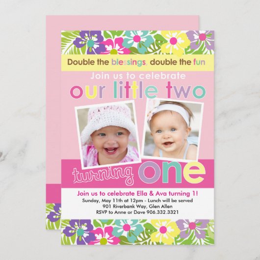 Kleurrijke Bloemen Tweeling Meisjes Eerste Verjaar Kaart (Voorkant / Achterkant)