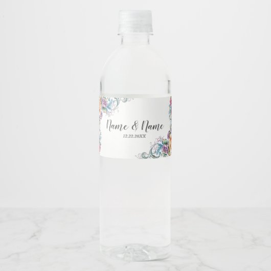 Kleurrijke bloemen van de bruiloft waterfles etiket (Voorkant)