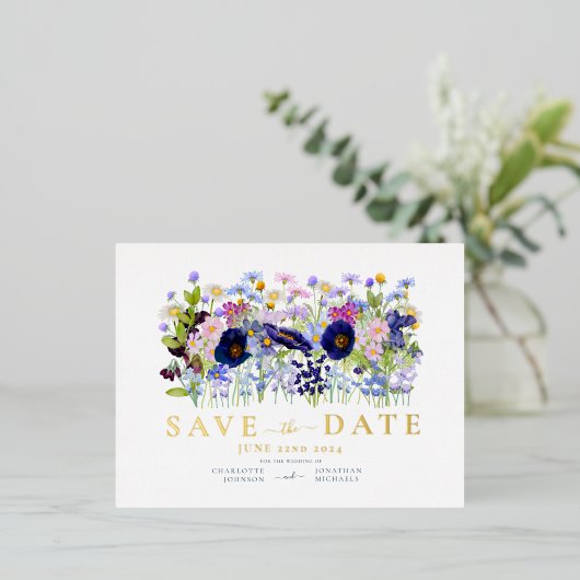 Kleurrijke Bloemen Waterverf Bruiloft Goud Folie Uitnodiging Briefkaart (Staand Voorkant)