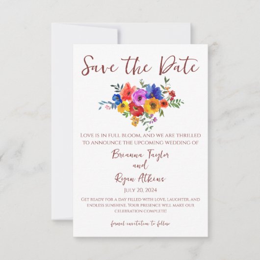 Kleurrijke Bloemen Waterverf Save the Date (Voorkant)