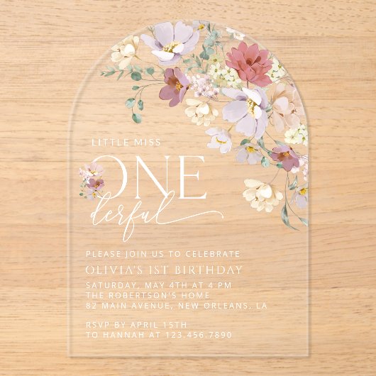 Kleurrijke Bloemen, Wilde Bloemen, Eerste Verjaard Acryl Uitnodigingen (Voorkant)