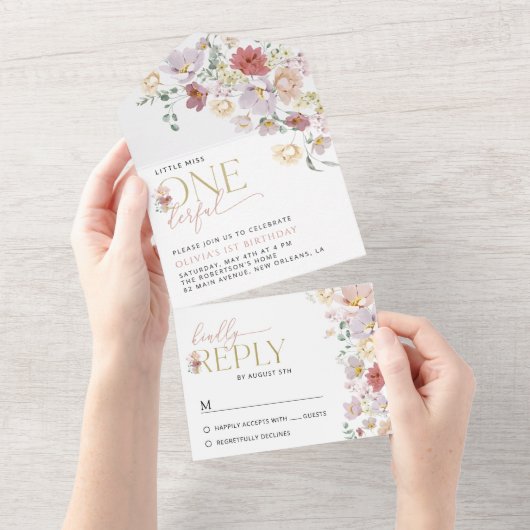Kleurrijke bloemen, wilde bloemen, eerste verjaard all in one uitnodiging (Afscheurbaar)