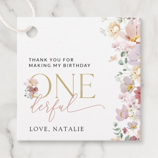 Kleurrijke bloemen, wilde bloemen, eerste verjaard bedankjes labels (Voorkant)