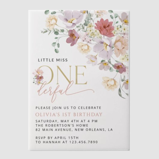 Kleurrijke bloemen, wilde bloemen, eerste verjaard vellum uitnodigingen (Voorkant)