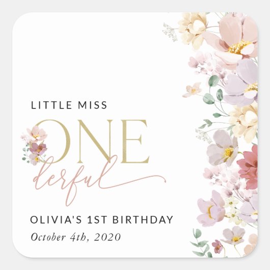 Kleurrijke bloemen, wilde bloemen, eerste verjaard vierkante sticker (Voorkant)