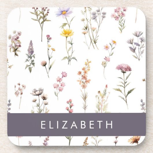 Kleurrijke bloemen, wilde bloemen, groen, Jouw naa Bier Onderzetter (Voorkant)
