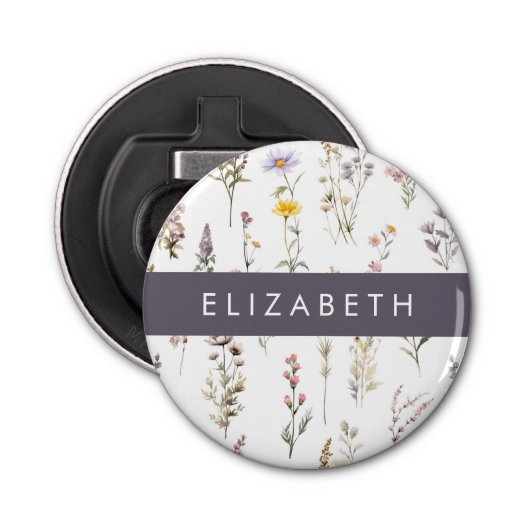 Kleurrijke bloemen, wilde bloemen, groen, Jouw naa Button Flesopener (Voorkant)