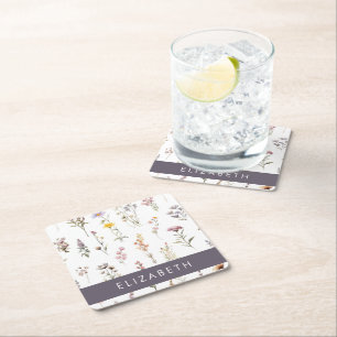 Kleurrijke bloemen, wilde bloemen, groen, Jouw naa Kartonnen Onderzetters