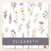 Kleurrijke bloemen, wilde bloemen, groen, Jouw naa Kartonnen Onderzetters (Voorkant)