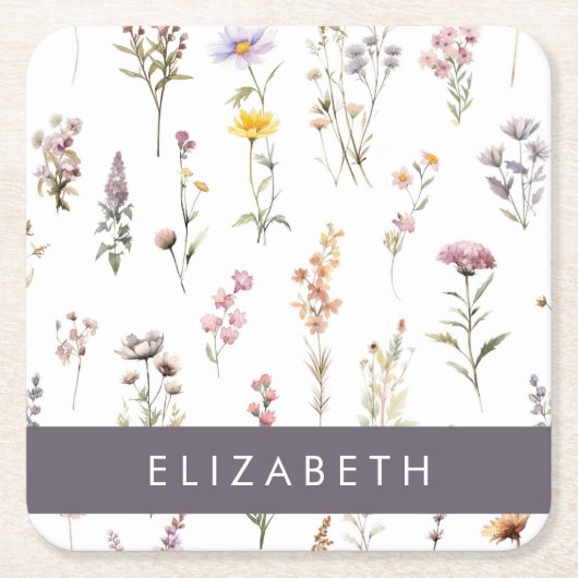 Kleurrijke bloemen, wilde bloemen, groen, Jouw naa Kartonnen Onderzetters (Voorkant)