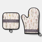 Kleurrijke bloemen, wilde bloemen, groen, Jouw naa Ovenwant & Pannenlap Set (Voorkant)