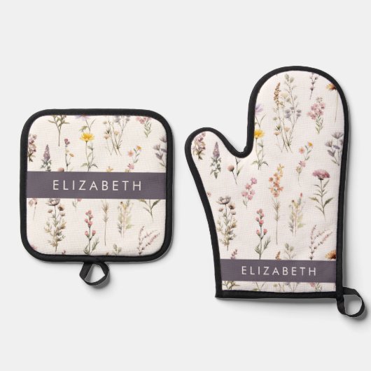 Kleurrijke bloemen, wilde bloemen, groen, Jouw naa Ovenwant & Pannenlap Set (Voorkant)