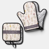 Kleurrijke bloemen, wilde bloemen, groen, Jouw naa Ovenwant & Pannenlap Set (Voorkant / Achterkant)