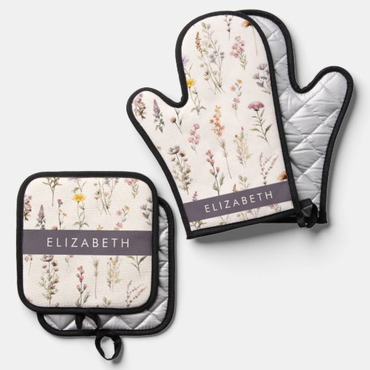 Kleurrijke bloemen, wilde bloemen, groen, Jouw naa Ovenwant & Pannenlap Set (Voorkant / Achterkant)