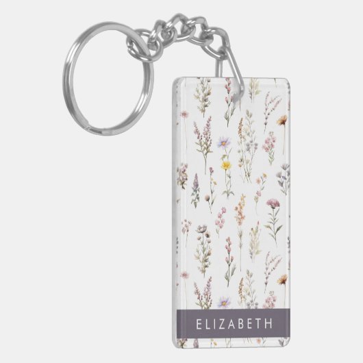 Kleurrijke bloemen, wilde bloemen, groen, Jouw naa Sleutelhanger (Voorkant Links)