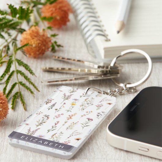 Kleurrijke bloemen, wilde bloemen, groen, Jouw naa Sleutelhanger (Voorkant Rechts)
